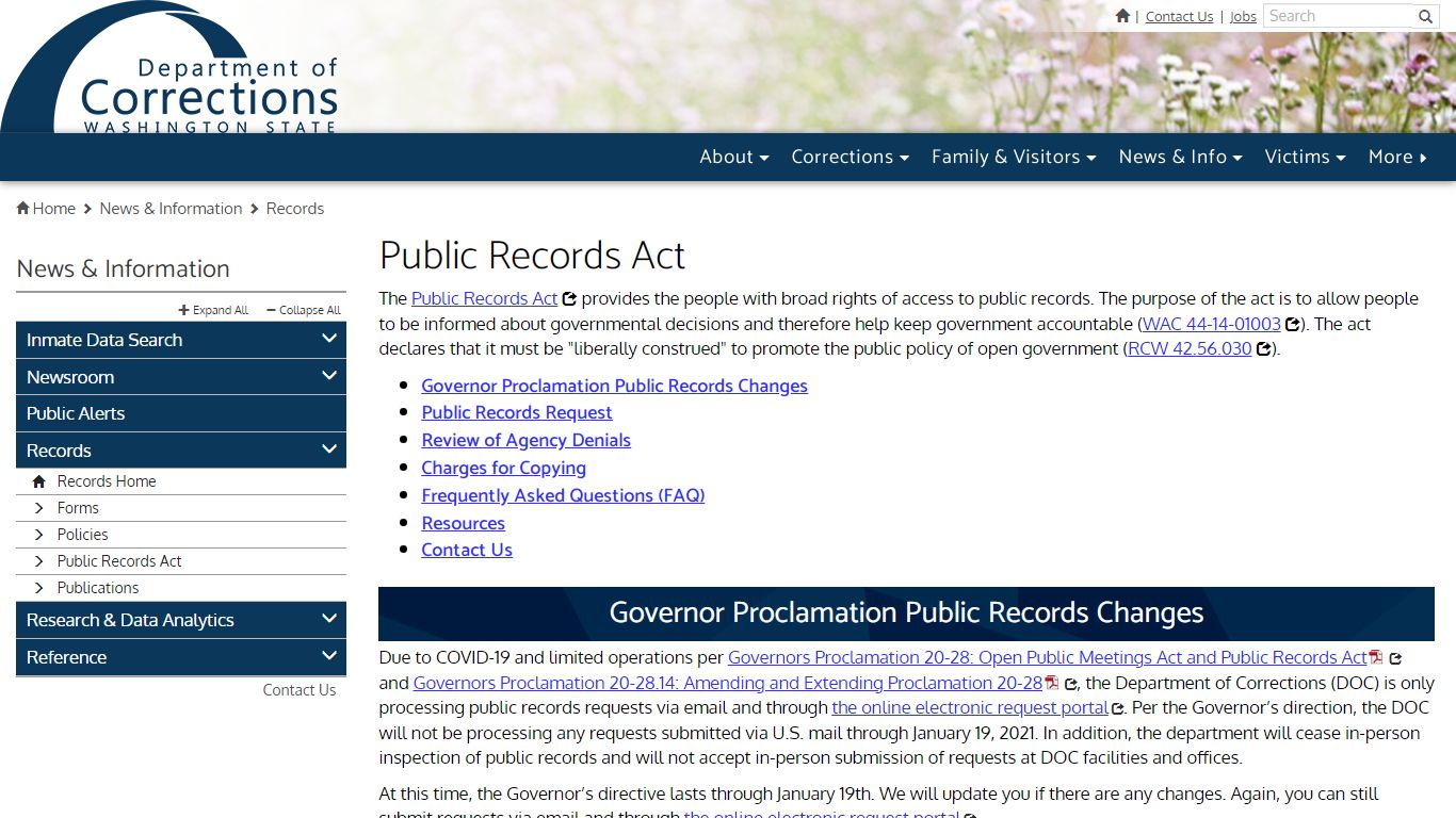 Public Records Act | Washington State Department of Corrections